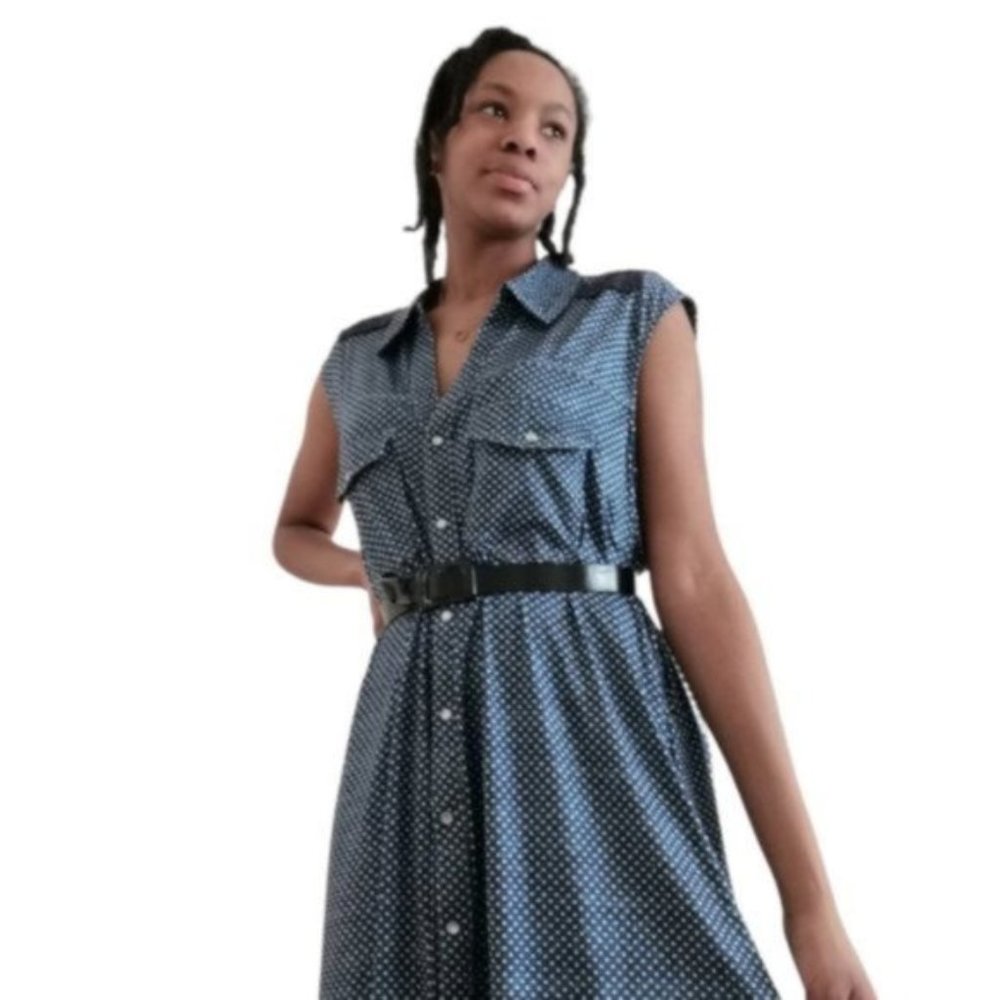 Tango Mango Blue and White Polka Dot with Floral Lace Back Midi Dress